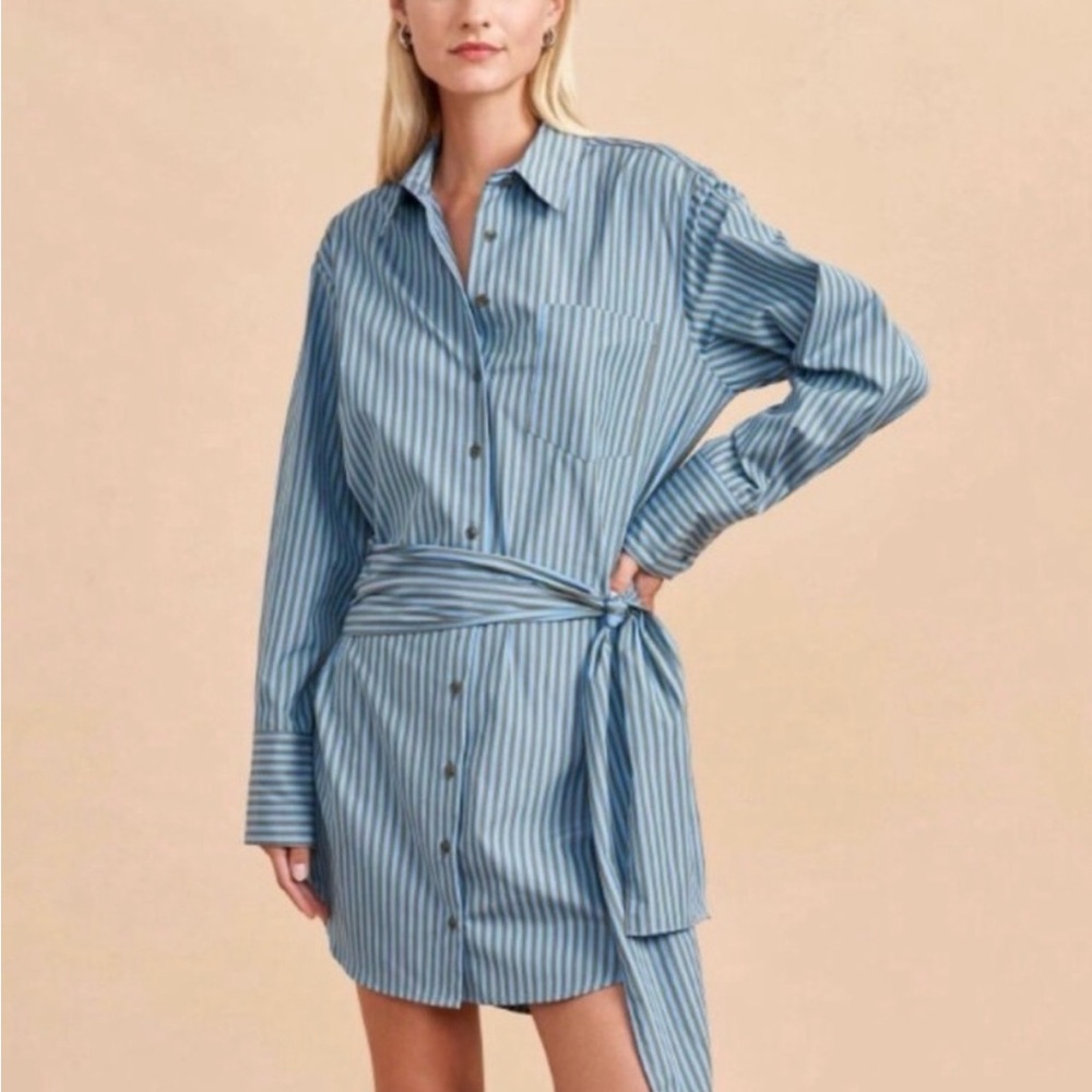 La Ligne Blue and Olive Mini Long Sleeve Shirt Dress